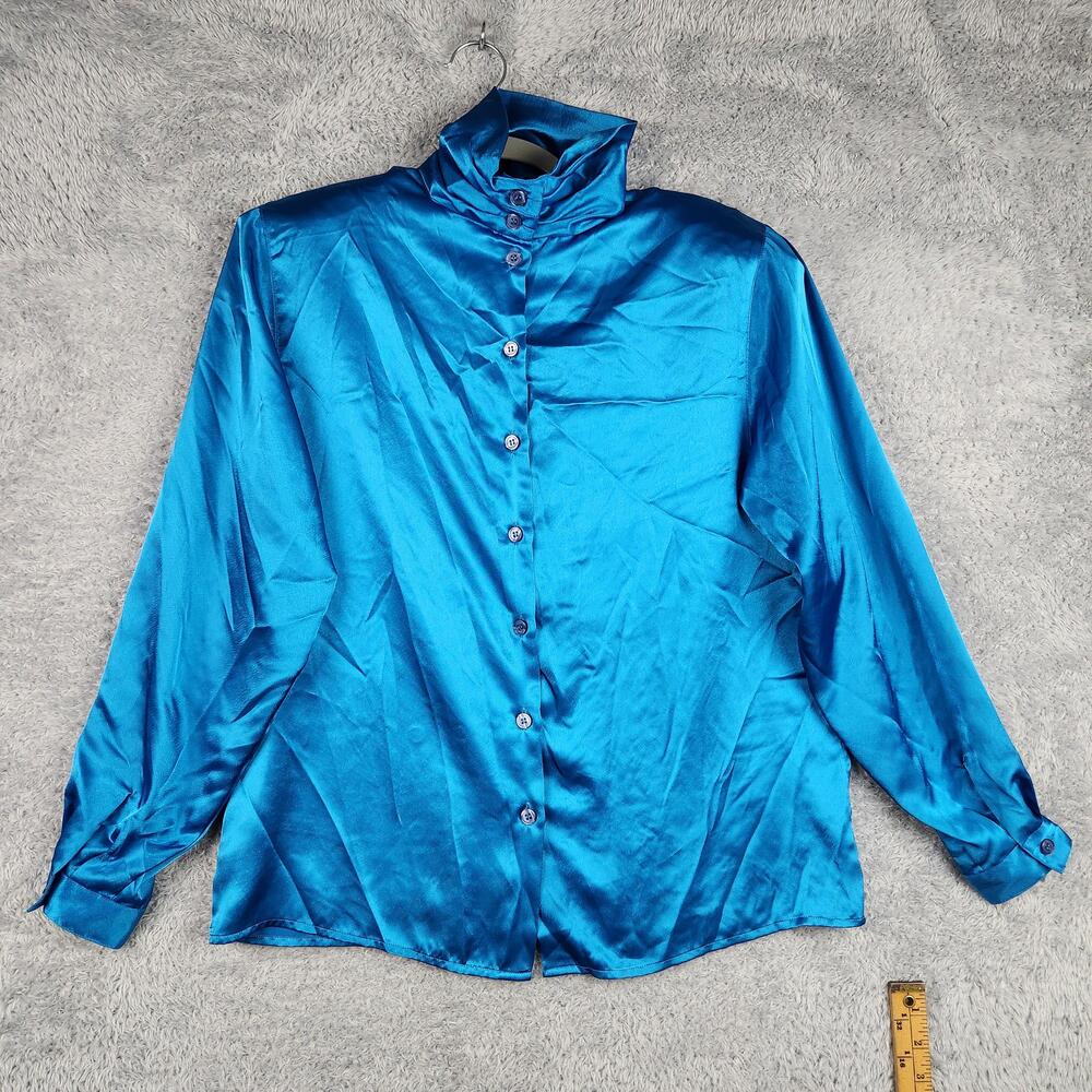 Vintage Courtney Rhodes Blouse Womens 10 Blue Satin High Neck Preppy Office 80s